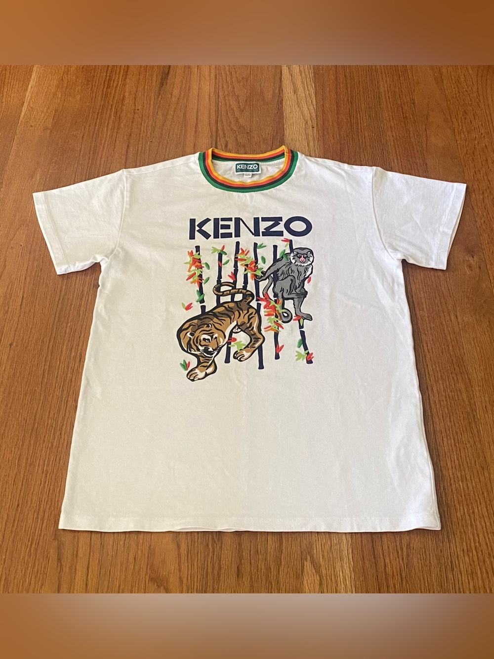 Kenzo White Tee with Colorful Tiger & Cat Graphic